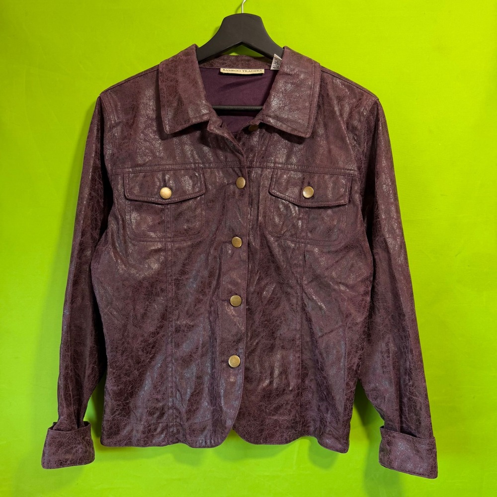Bamboo Traders Plum Purple Distressed Faux Leather Jacket Small Brass Button
